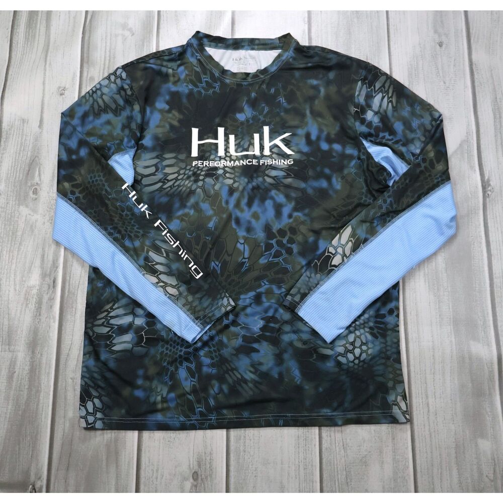 HUK Fishing Shirt Men's L Blue Kryptek Pontus Icon Camo Performance Quick Dry